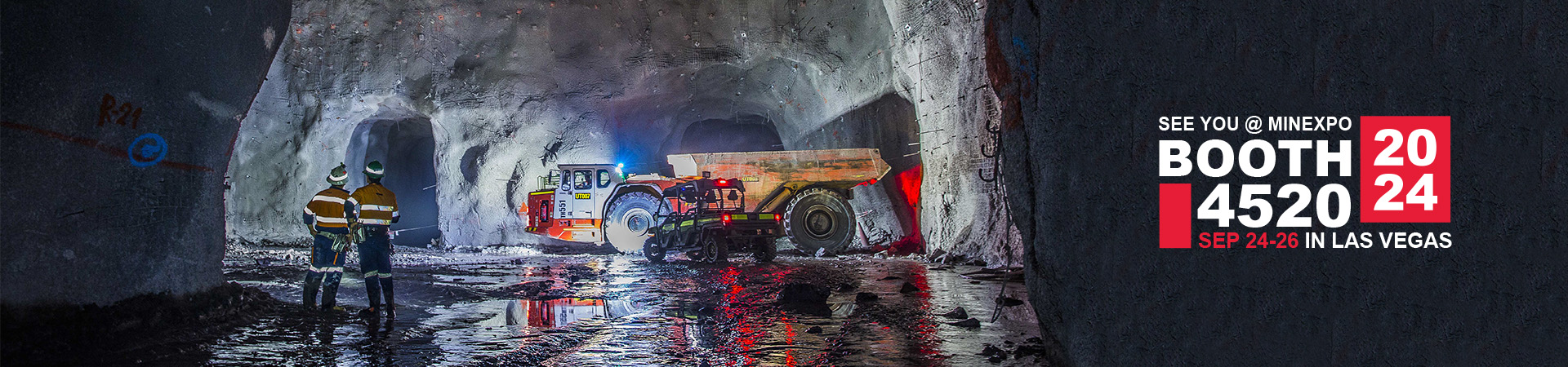 The website banner for the Trade Shows & Events page shows two Redpath employees monitoring a haul truck operating in a mass excavation.